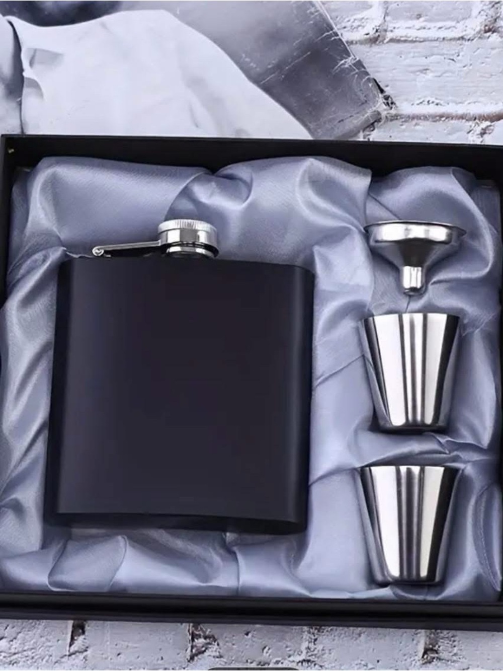 Matte Black Stainless Flask Gift Set with Metal Cups and Funnel